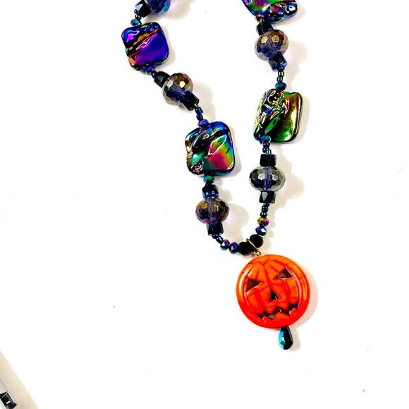 Glamorous Artisan Iridescent and Purple Halloween Pumpkin Necklace - Picture 5 of 8